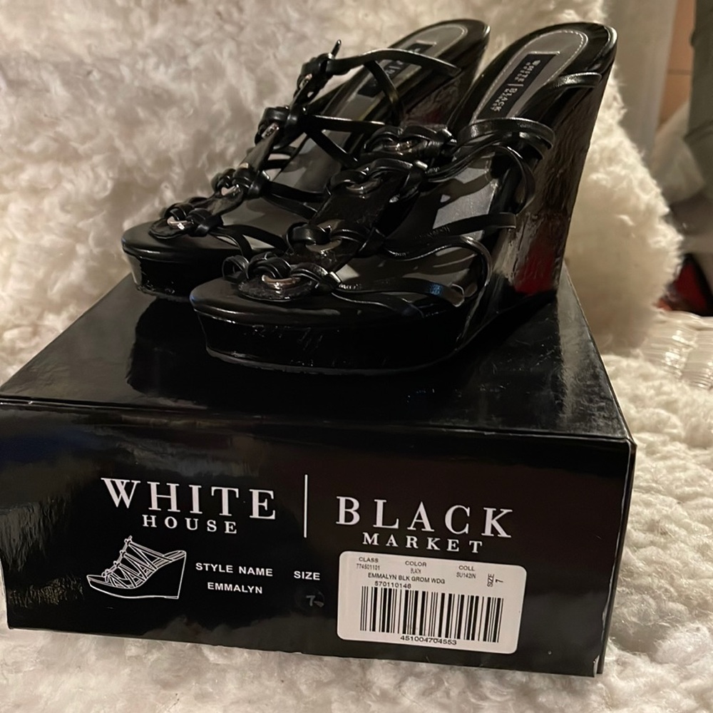 White House Black Market Emmalyn Strappy Black 5" Wedge Sandals Heels Shoes Sz 7